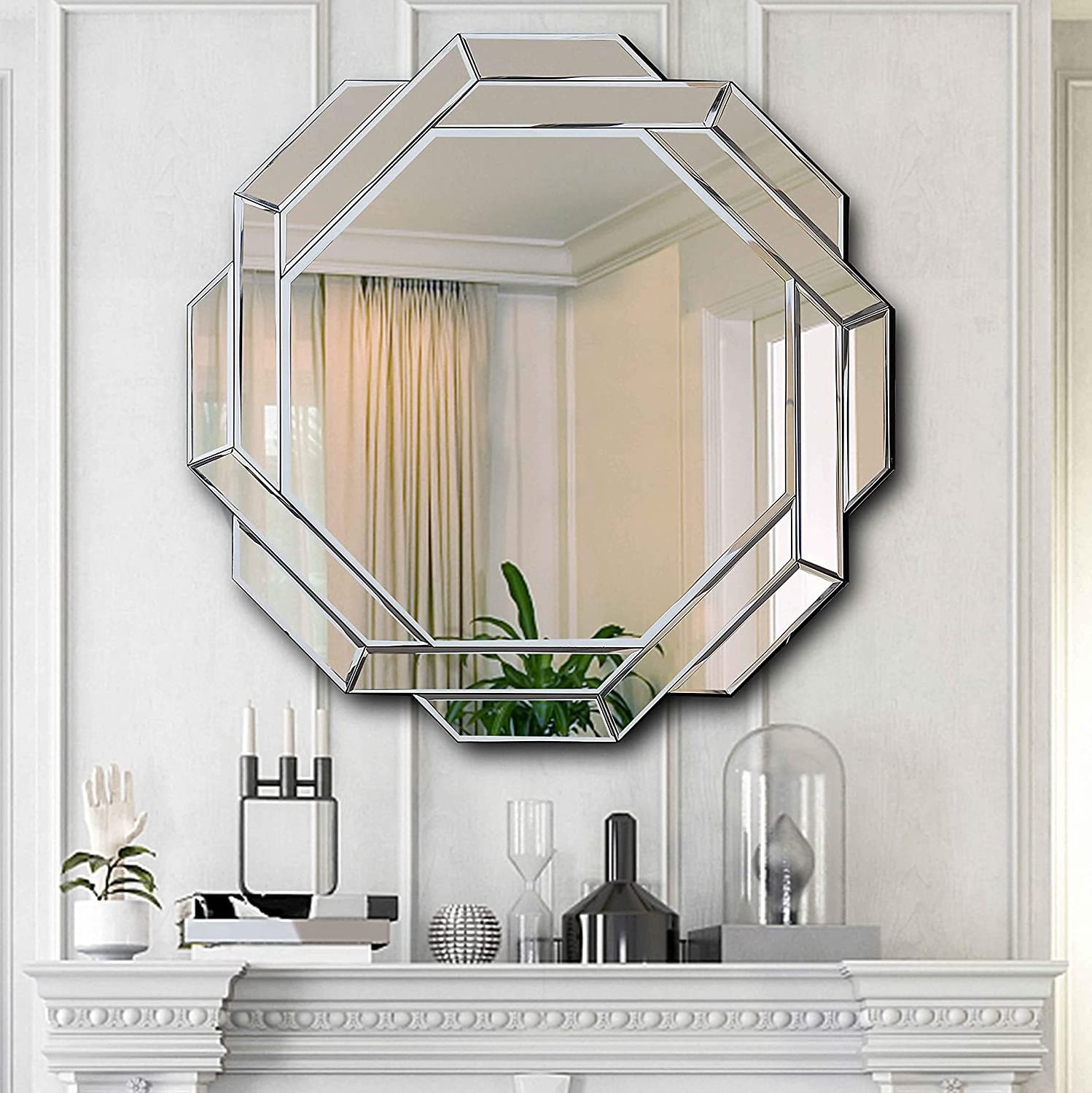 Frameless Beveled Wall Decor Hanging Mirror Silver Polished Hexagonal Wall Mirror for Living Room Bohemian Wall Decor