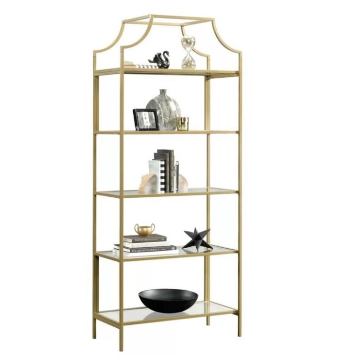 5-Shelf Glass Free Standing Storage Display Shelves Stainless Steel Golden Frame Book Shelf For Home Shop