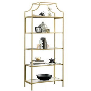 5-Shelf Glass Free Standing Storage Display Shelves Stainless Steel Golden Frame Book Shelf For Home Shop