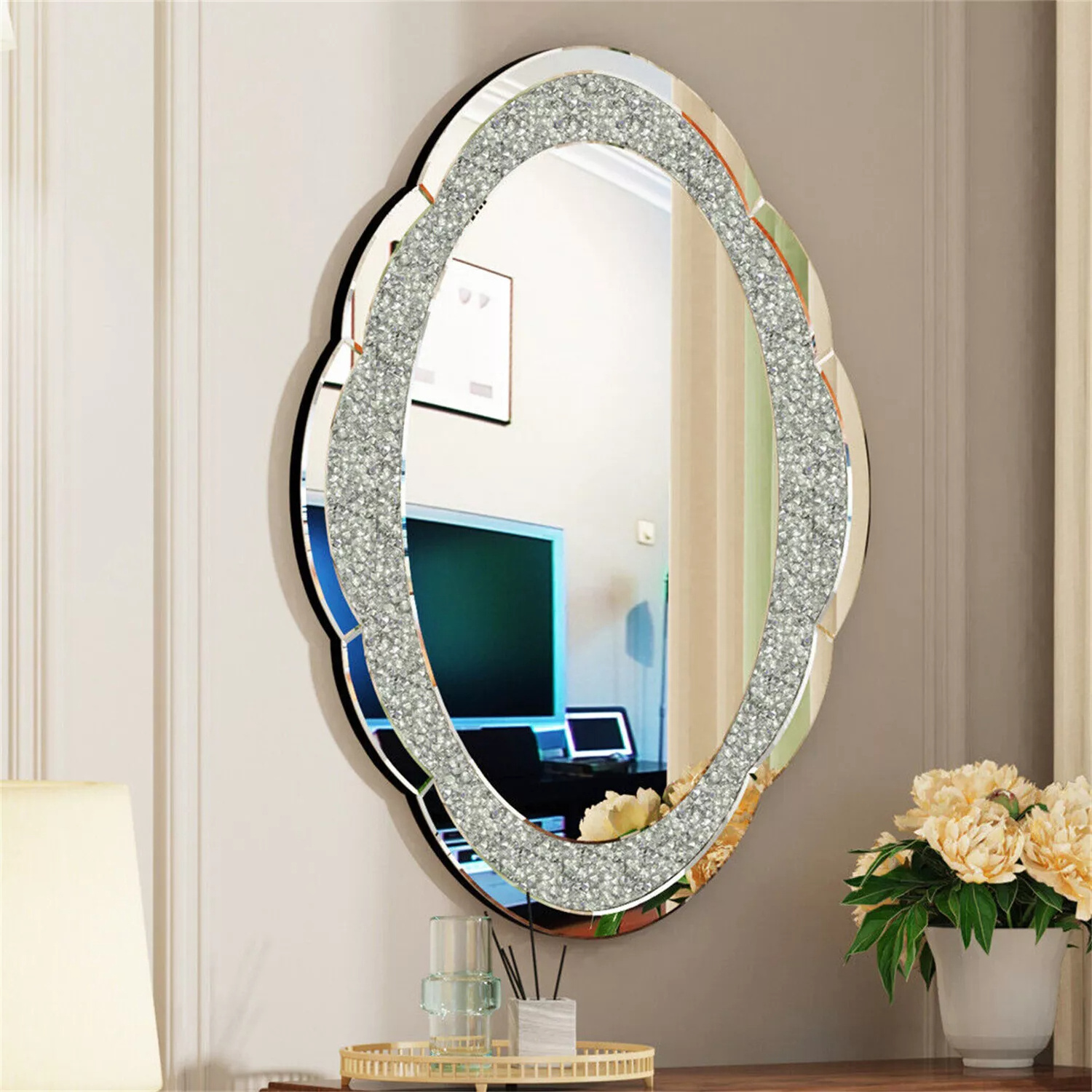 Contemporary Modern Large Decorative Glitter Diamond Crystal Wall Mirror Cloud Shape for Home Decoration