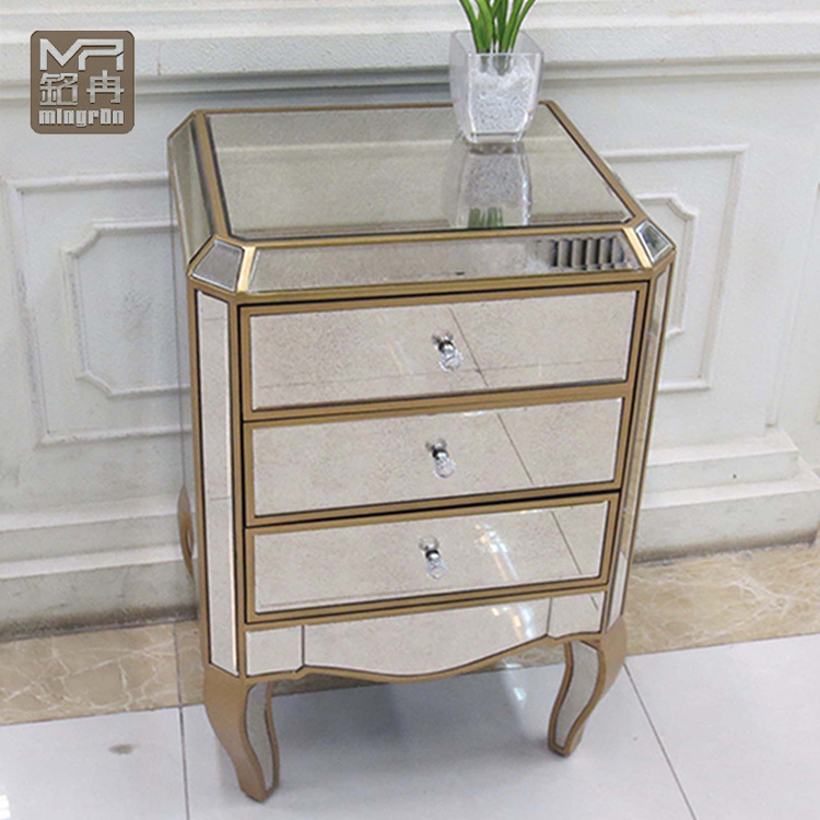 Art Deco Mirrored Bedside Tables Glass Bedroom Furniture Night Table 3 Drawers