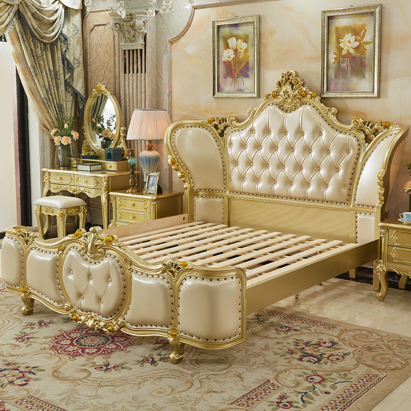 European Master Bedroom Luxury Double Bed All Solid Wood with Leather American French Court Design for Hotel Villa Use