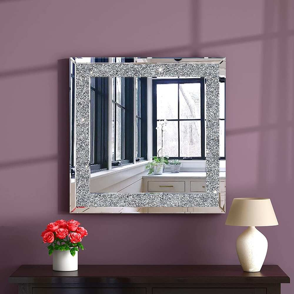 Modern Luxury Crystal Crush Diamond Sparkly Square Silver Mirror for Wall Decoration for Home Dining or Bathroom