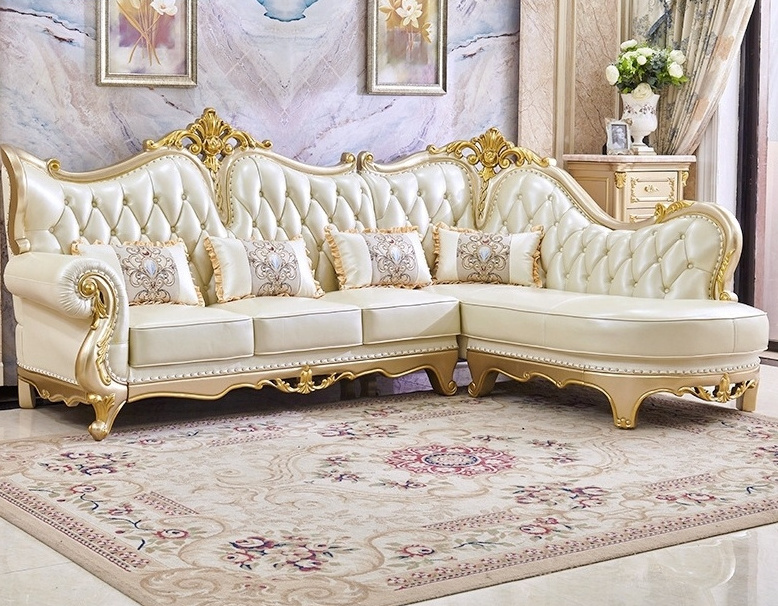 European Leather Sectional Sofa Solid Wood Carved Champagne Gold Living Room Luxury L-shaped Sofa  For Home Villa