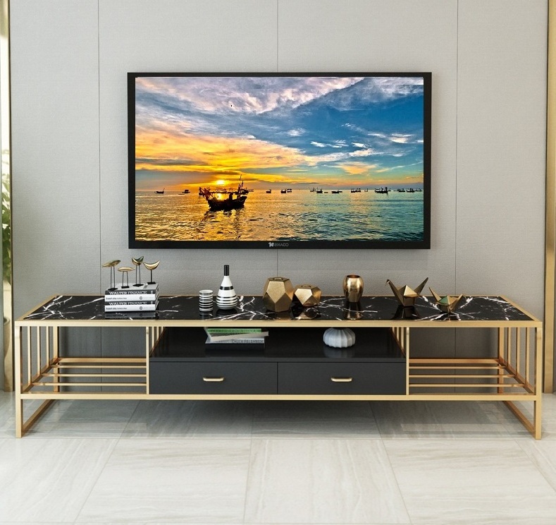 2020 Luxury Gold Stainless Steel Frame 2 Drawer TV Stand Marble Top Long Bench For Home Hotel Club