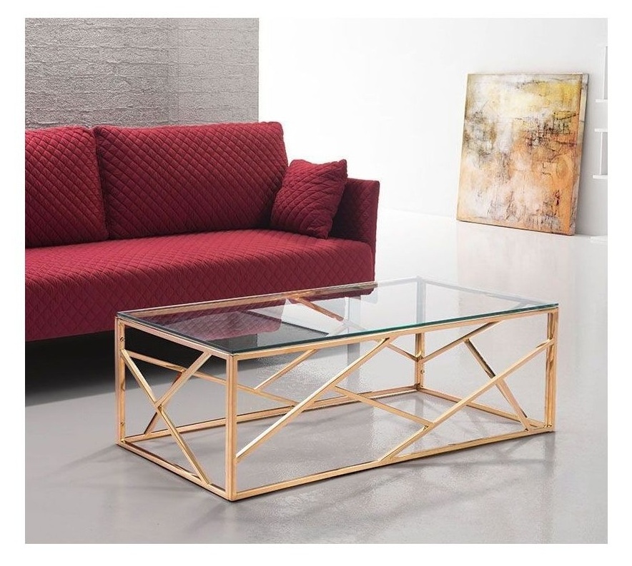 Hot Sale Rectangular Coffee Table Rose Gold Stainless Steel Tempered Glass Center Table for Home Hotel