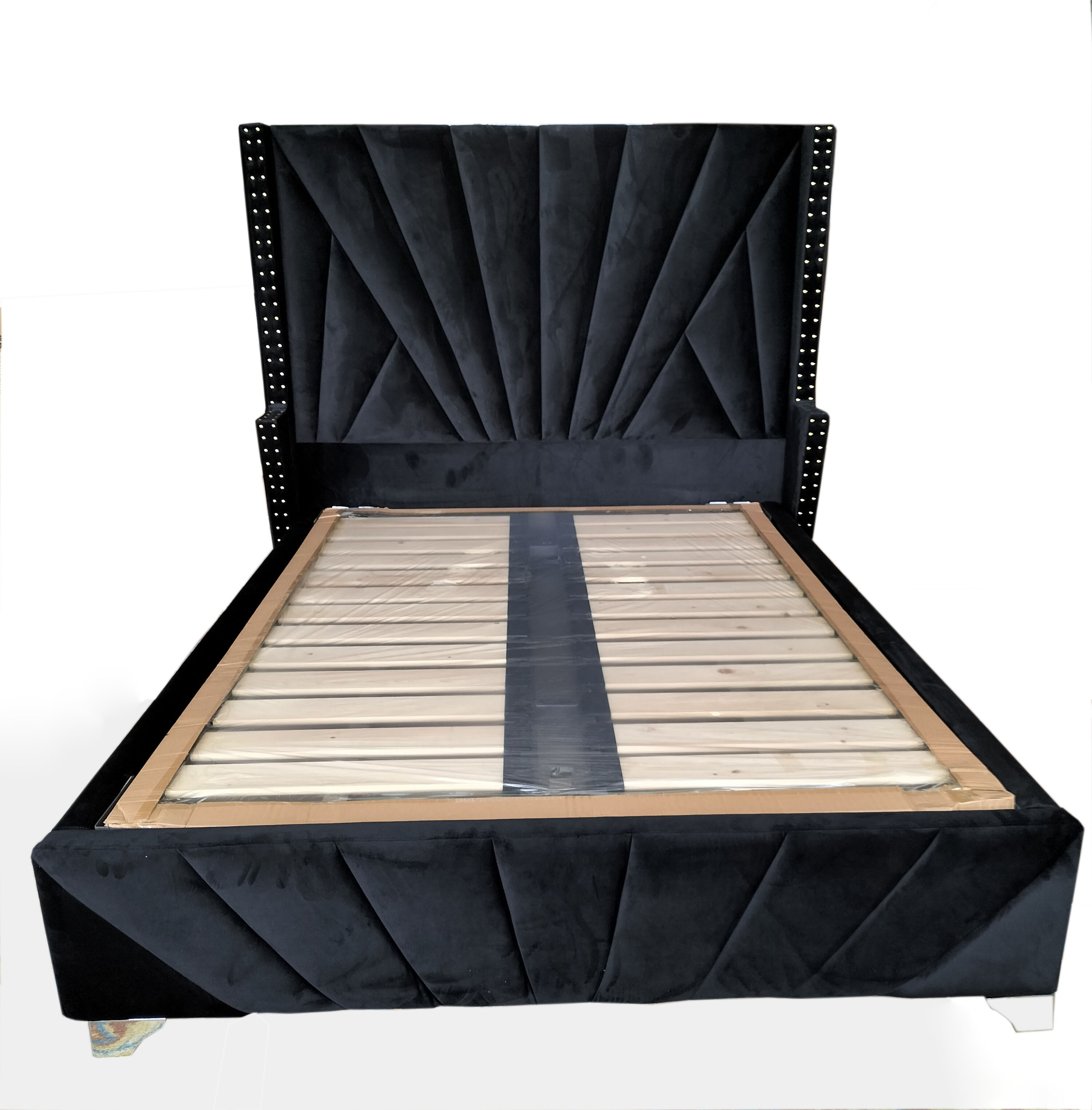 Hotel Use Silver Stud King Size Headboard Premium Super With Winged Bed Frame Black Velvet Bed