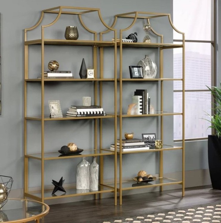 5-Shelf Glass Free Standing Storage Display Shelves Stainless Steel Golden Frame Book Shelf For Home Shop