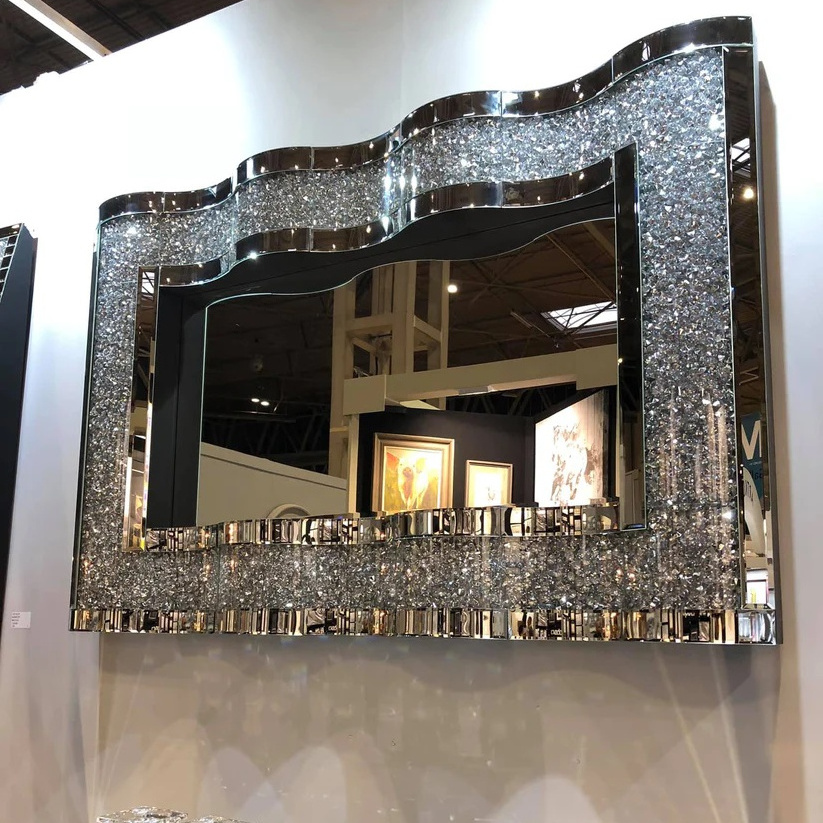 European market diamond crushed Filled glass unique wave style crystal mirror  for home hotel/bedroom/living room/bathroom