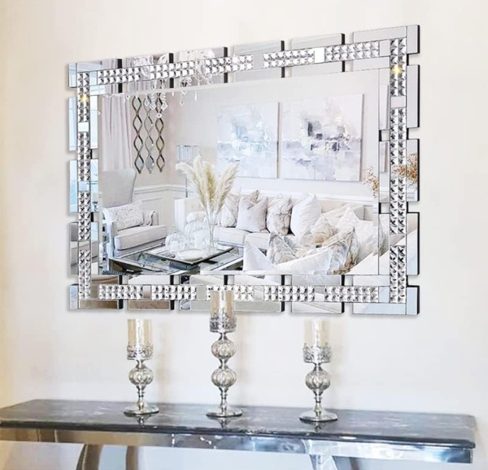 Large Elegant Crystal Decorative Wall Mirror for Living Room Dining Room Entryway Old-Style Mirror Wall Decor