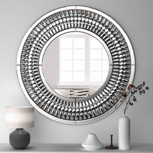 Contemporary Round Framed Silver Starburst Wall Mirror Crystal Embellished Glass for Home or Hotel Decorative Purpose