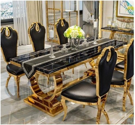 6-8 Person Black Marble Top Brass Gold Stainless Steel  Dining Table With Chair  Dining Room Furniture Set