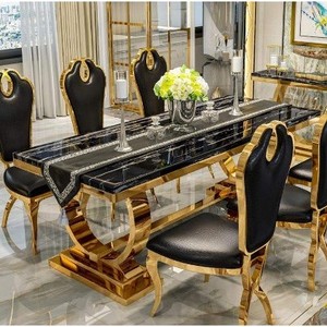 6-8 Person Black Marble Top Brass Gold Stainless Steel  Dining Table With Chair  Dining Room Furniture Set