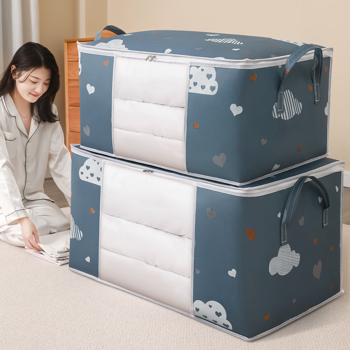 Printed Quilt Clothes Storage Bag Folding Duvet Blanket Sorting Bags Dustproof Closet Under-Bed Storage Moisture Proof Organizer