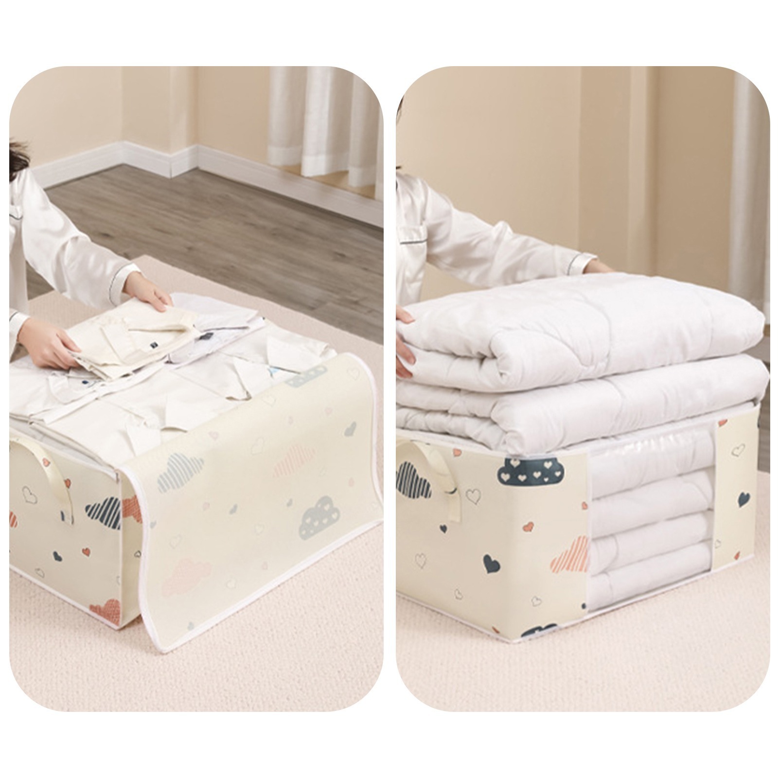 Printed Quilt Clothes Storage Bag Folding Duvet Blanket Sorting Bags Dustproof Closet Under-Bed Storage Moisture Proof Organizer