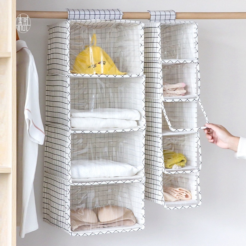 Fabric and Linen Hanging Closet Organizer with PVC Dust Cover Foldable Shelves for Wardrobe Clothes and Bag Storage