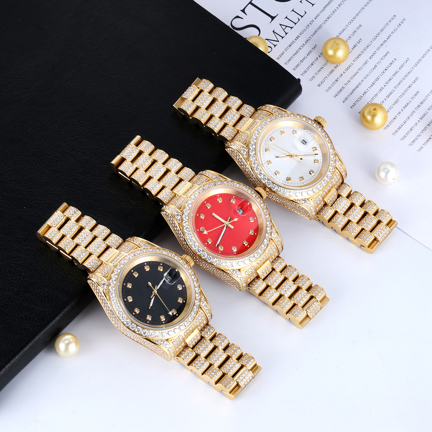 Luxury CZ diamond iced out gold plated stainless steel quartz men wrist watch