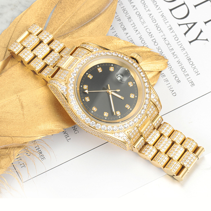 Luxury CZ diamond iced out gold plated stainless steel quartz men wrist watch