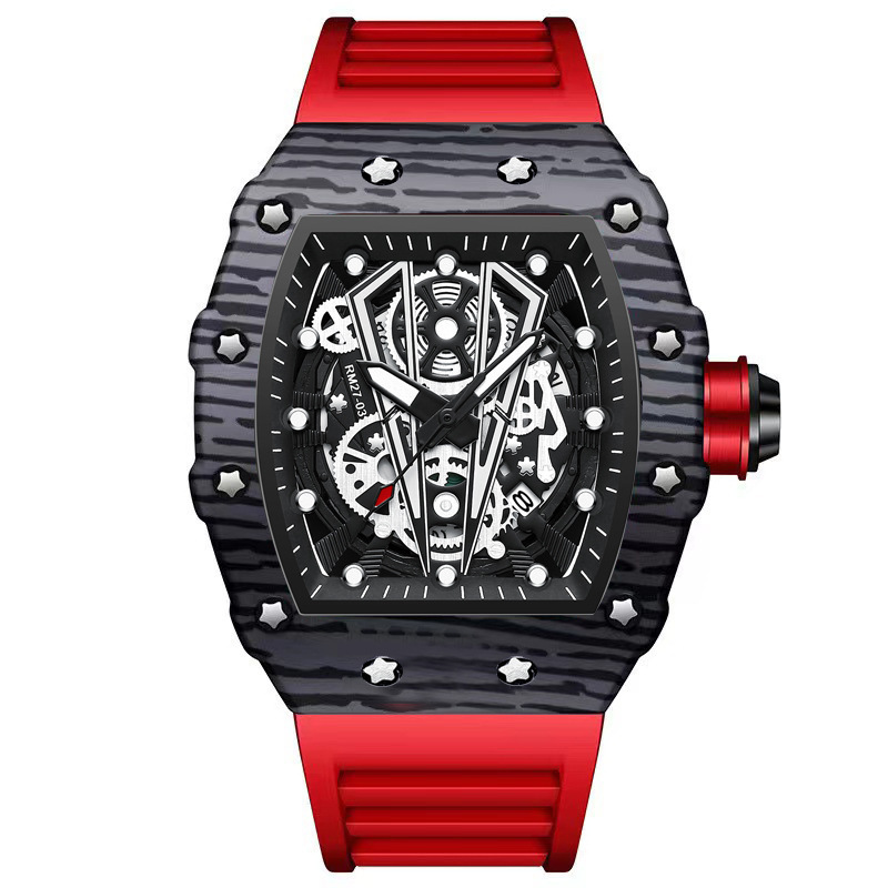 Luxury Cagarny Quartz Watch, Men Cool Big Case Red Silicone Band Sport Wrist Watch Man/