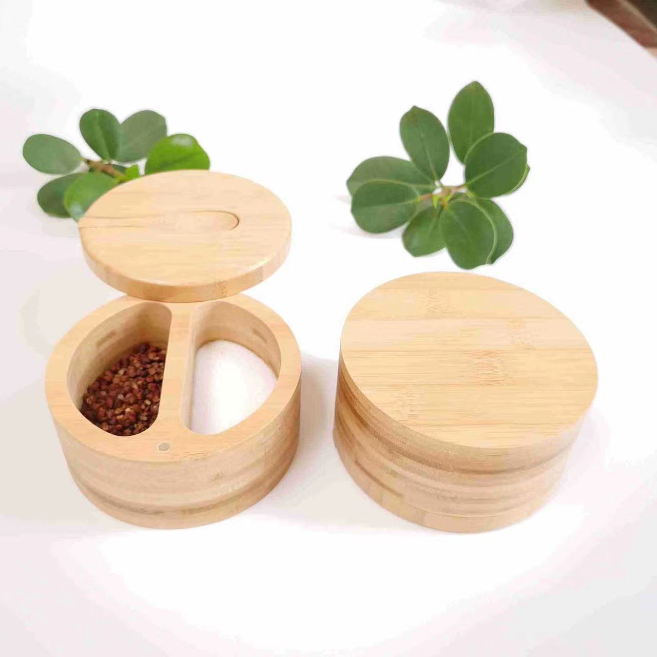 Bulk eco kitchen cube clearance round storage bamboo wood container spice jar set with lid