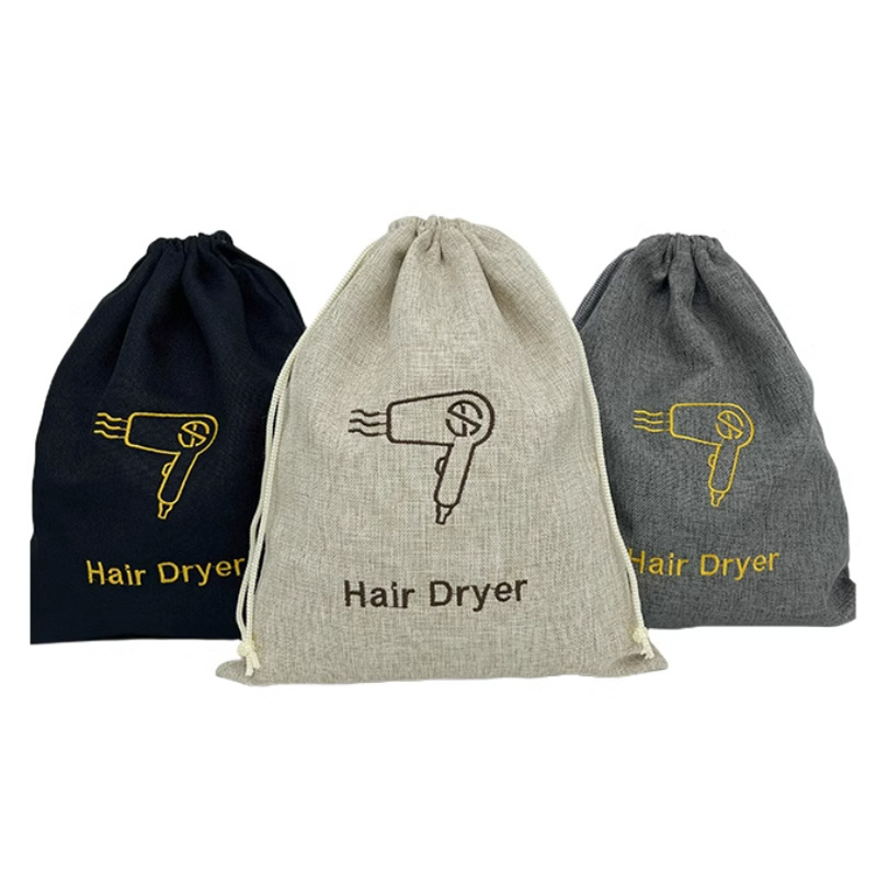 Custom Logo Large Jute Linen Drawstring Gift Bags Hessian Hair Dryer Dust Bags For Household and Hotel