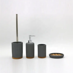 Modern Simple Bamboo Resin 4-piece Bathroom Decor Accessories Set With Toilet Brush Tumbler for Bathroom