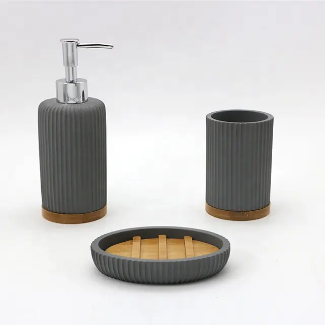 Modern Simple Bamboo Resin 4-piece Bathroom Decor Accessories Set With Toilet Brush Tumbler for Bathroom