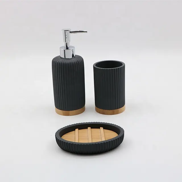 Modern Simple Bamboo Resin 4-piece Bathroom Decor Accessories Set With Toilet Brush Tumbler for Bathroom