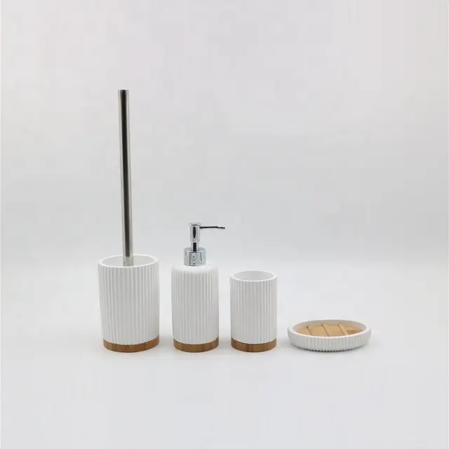 Modern Simple Bamboo Resin 4-piece Bathroom Decor Accessories Set With Toilet Brush Tumbler for Bathroom