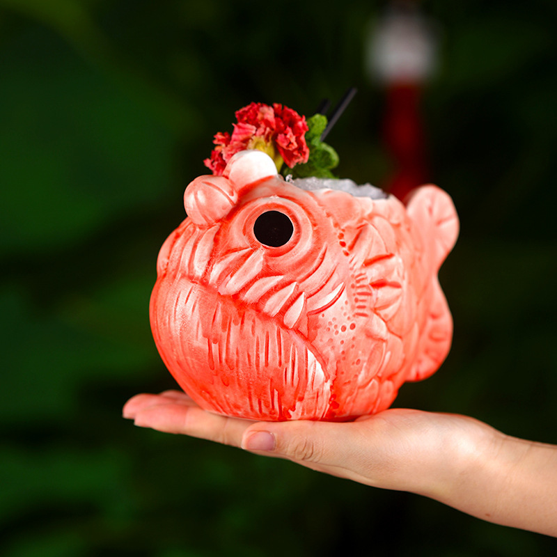 3D Cartoon 710ml red Ceramic animal Piranha shaped Mug ceramic fish Shark Head Hawaiian Tiki Bar Mugs