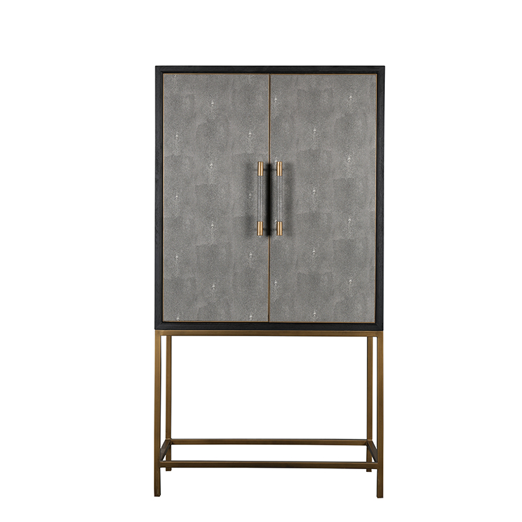 MRS WOODS Modern contemporary luxury gold metal base faux shagreen leather bar wine cabinet