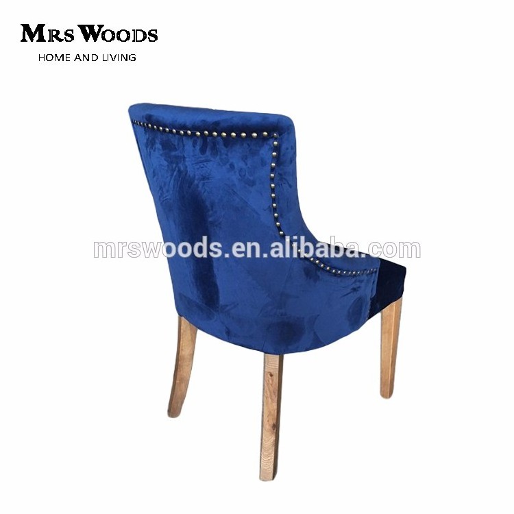 MRS WOODS Outdoor Event Furniture navy velvet tufted oak wood dining table set 4 chairs