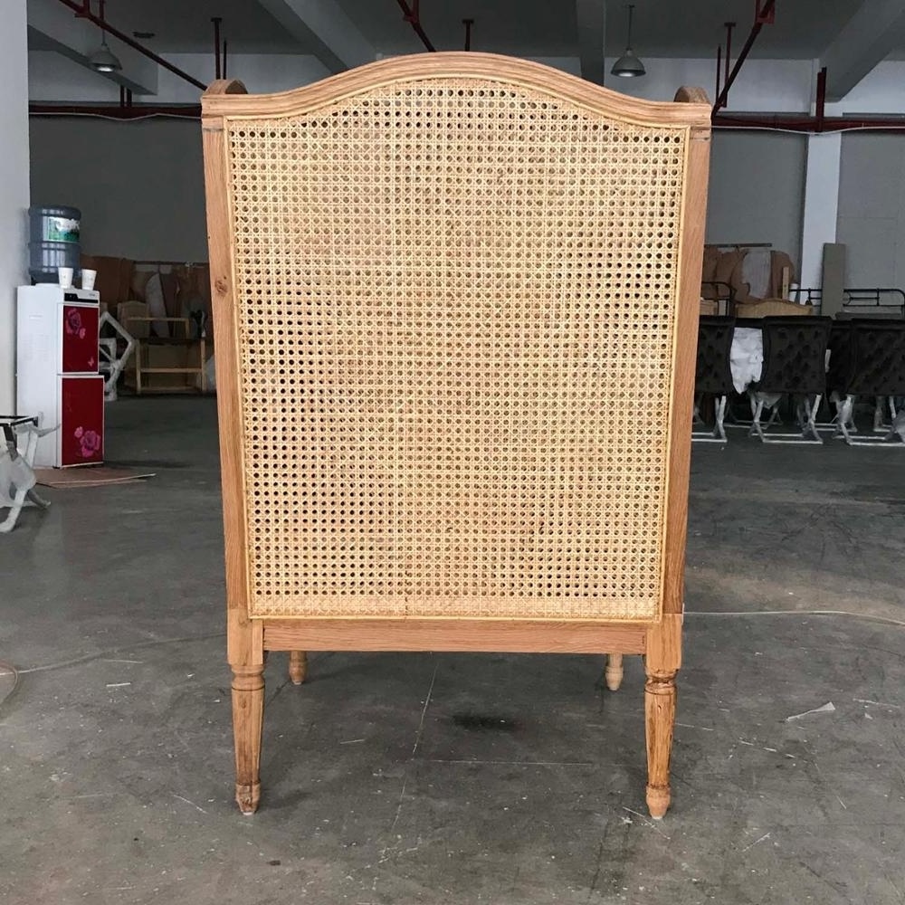 MRS WOODS French Provincial Living Room Chair Wood Wicker Rattan Woven Back Frame Upholstered Wing Back Chair