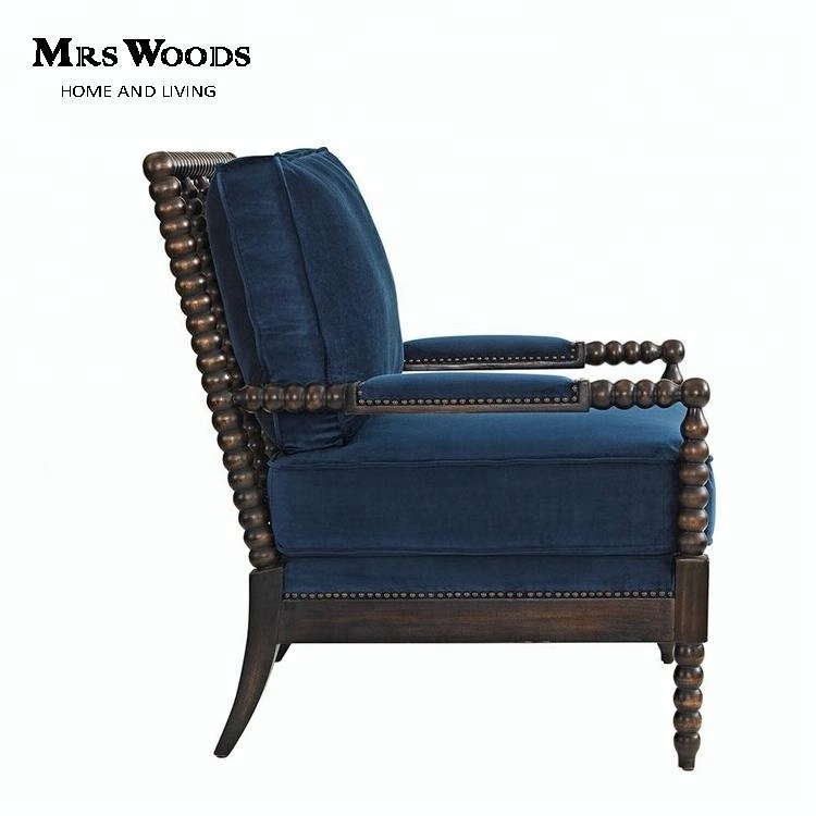 MRS WOODS New Design Dark Solid Wood Spindle Frame Bobbin With Plush Velvet Upholstered Wood Armchair