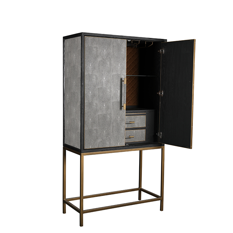 MRS WOODS Modern contemporary luxury gold metal base faux shagreen leather bar wine cabinet