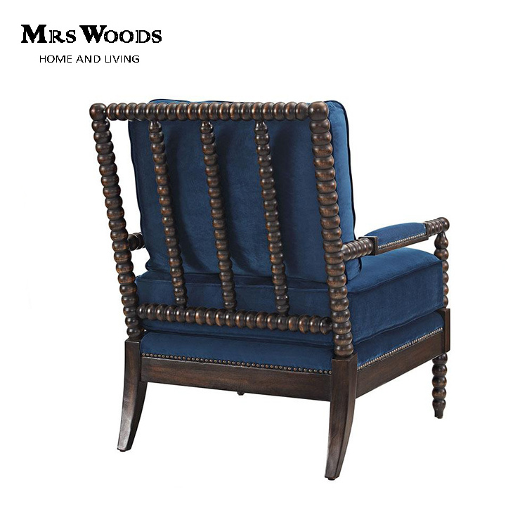 MRS WOODS New Design Dark Solid Wood Spindle Frame Bobbin With Plush Velvet Upholstered Wood Armchair