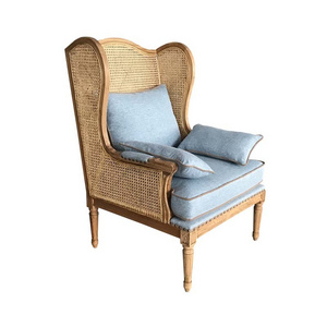 MRS WOODS French Provincial Living Room Chair Wood Wicker Rattan Woven Back Frame Upholstered Wing Back Chair