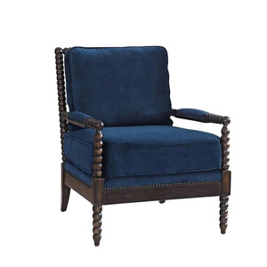 MRS WOODS New Design Dark Solid Wood Spindle Frame Bobbin With Plush Velvet Upholstered Wood Armchair