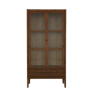 MRS WOODS Furniture Vintage rustic tall glass door reclaimed solid wood display cabinet living room cabinet