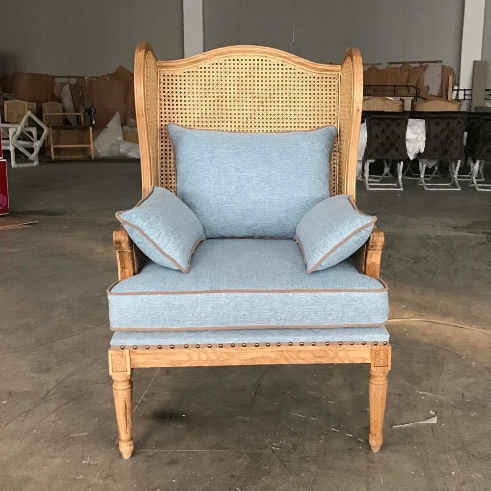 MRS WOODS French Provincial Living Room Chair Wood Wicker Rattan Woven Back Frame Upholstered Wing Back Chair