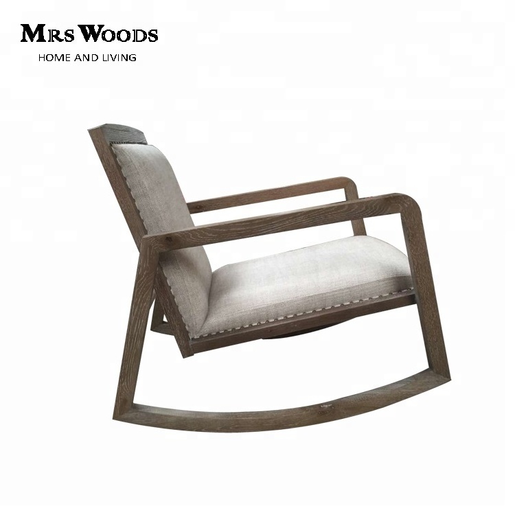 MRS WOODS Nordic Solid Wooden Modern Frame Vintage Leather  Living Room Furniture Arm Rocking Chair