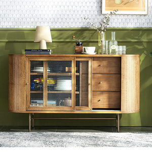 MRS WOODS Indoor Furniture Metal base glass door pine wooden storage sideboard buffet credenza