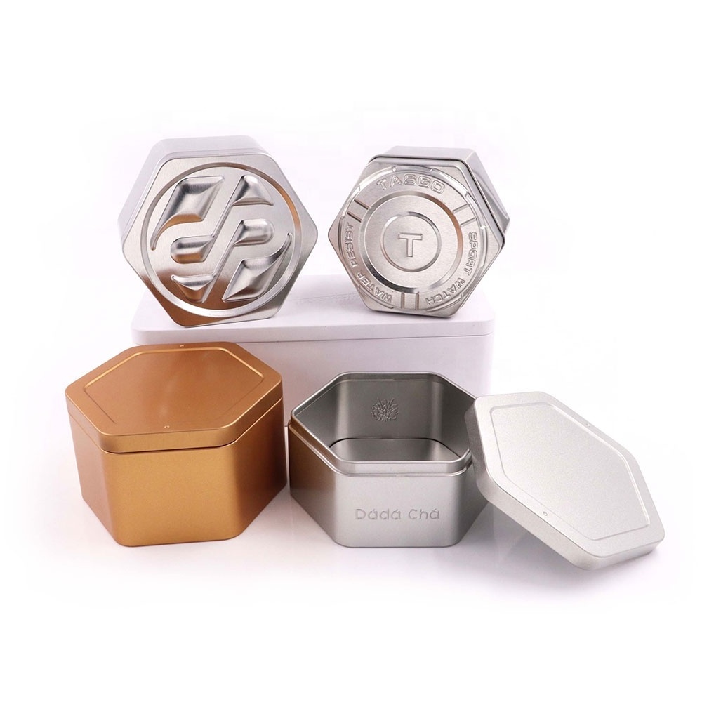 Wholesale Personalized Watch Fossil Cans Large Box Tin Luxury Empty Gift Packaging Metal Jewelry Hexagonal Canister Fossil