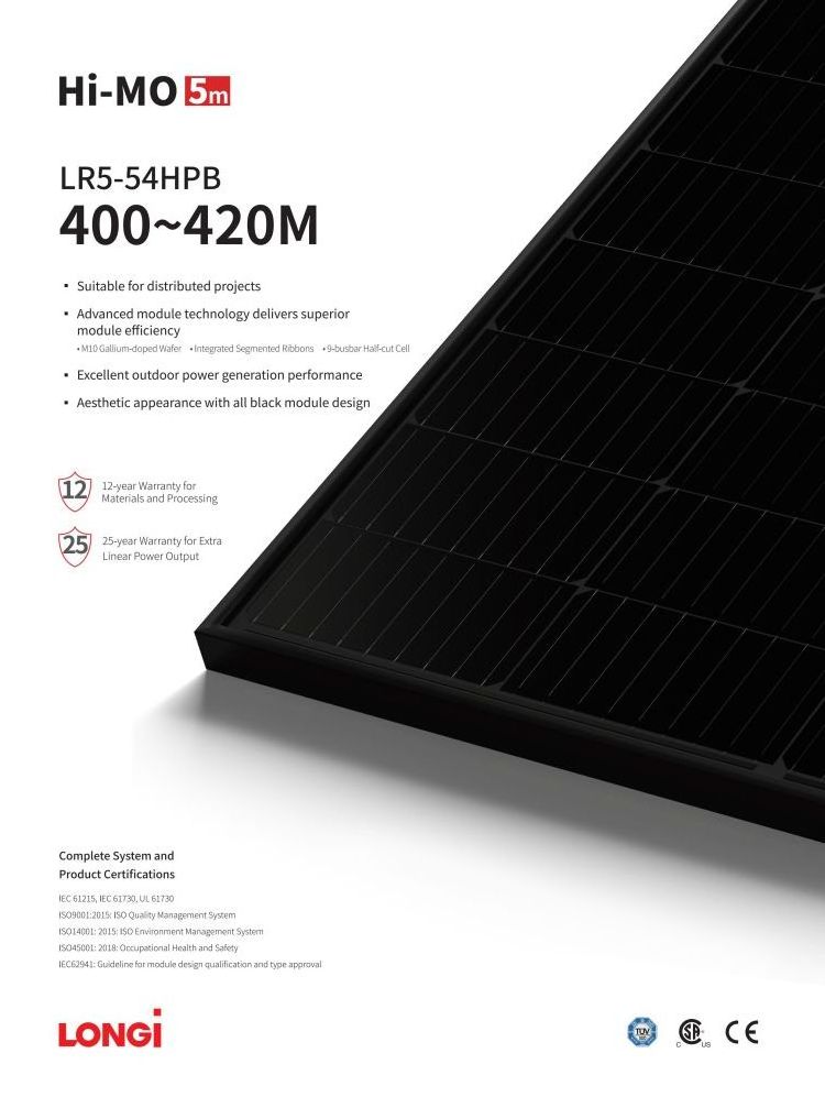 Longi Full Black Solar Panel 400W 405W 410W 415 Watt 420W Panelers Solarers Longi Panel Solares Portatil For Industry