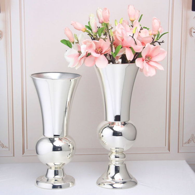 Wholesale Silver Plated Metal Wedding Vases Centerpieces Decoration 2021 Hot Selling Mariage Table  Trumpet Vase