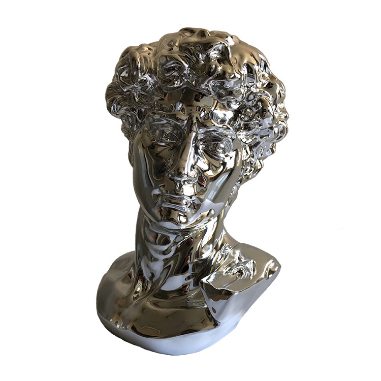 Silver Chrome Plated Resin Escultura David Bust Heykel Buste David Sculpture Bust