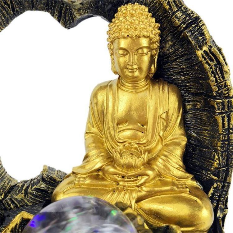 Chinese Style Feng Shui Room Desktop Decoration Golden Resin Buddha Water Fountain