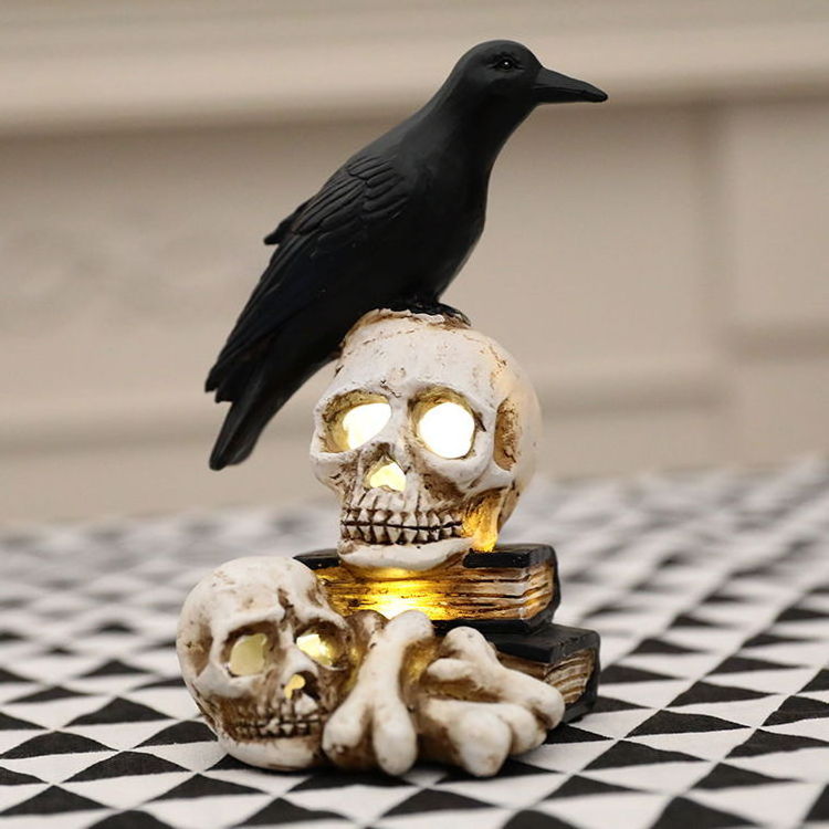 Halloween Decor Hot Sell Cheap 3D Crow Resin Skull Led Lamp Festival Home Decor Creative Scary Halloween Garden Decoration