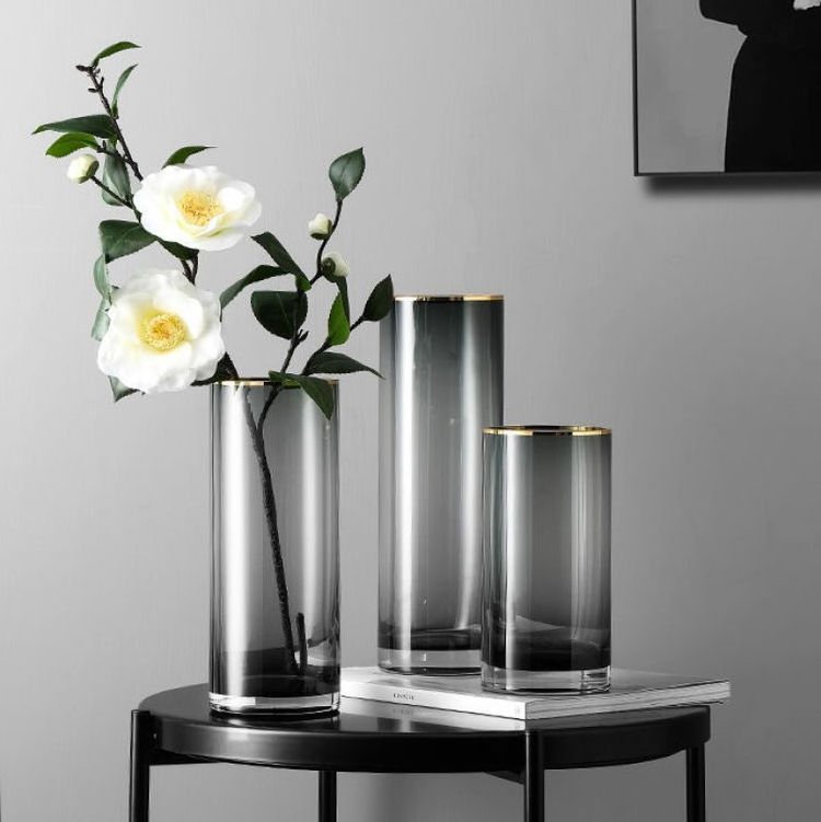 Nordic Vase Simple Style Golden Mouth Cylinder Flower Vases Gray Glass Floreros Negros Hydroponics Long Vases For Home Decor