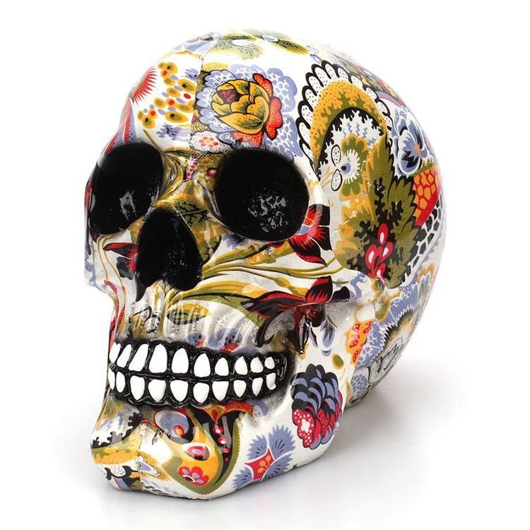 Halloween Decor High Quality Flower Print Skull Ornament Creative Water Transfer Printing Resin Halloween Skulls Decorations